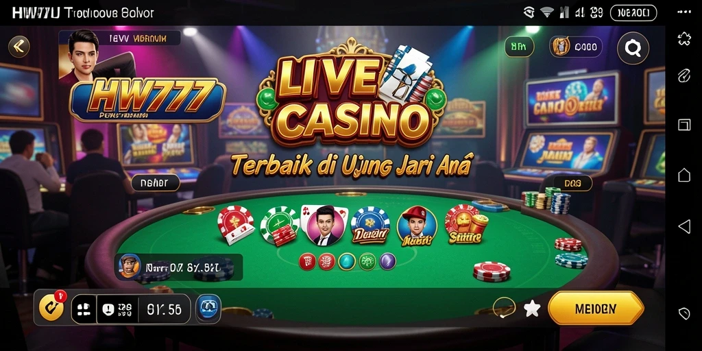 Screenshot HW777 menampilkan dealer nyata dan suasana permainan Live Casino yang mendebarkan.