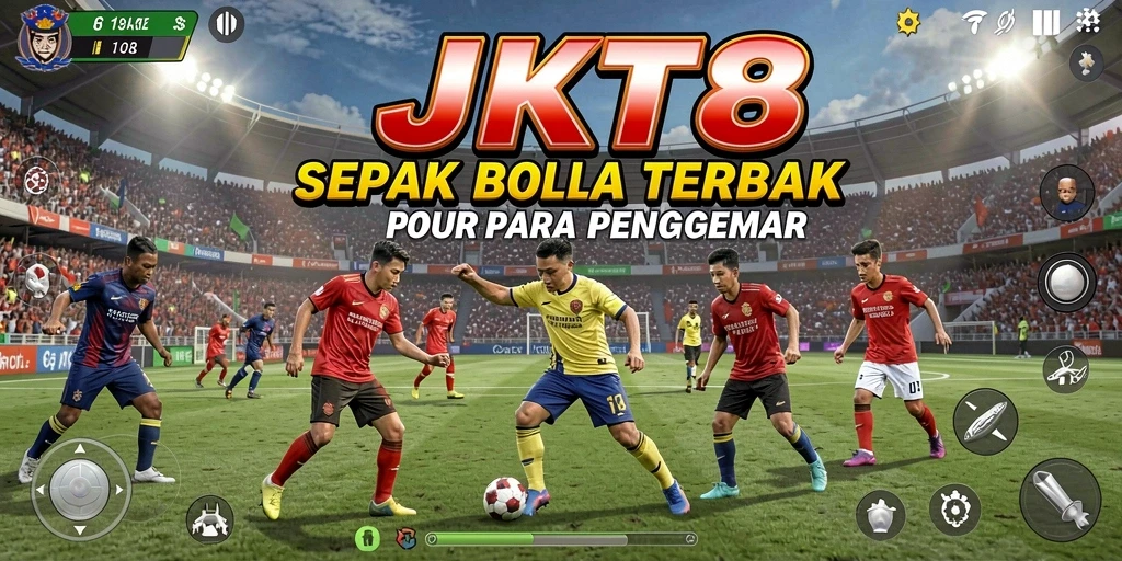 Gameplay JKT8 menampilkan aksi seru di lapangan sepak bola.