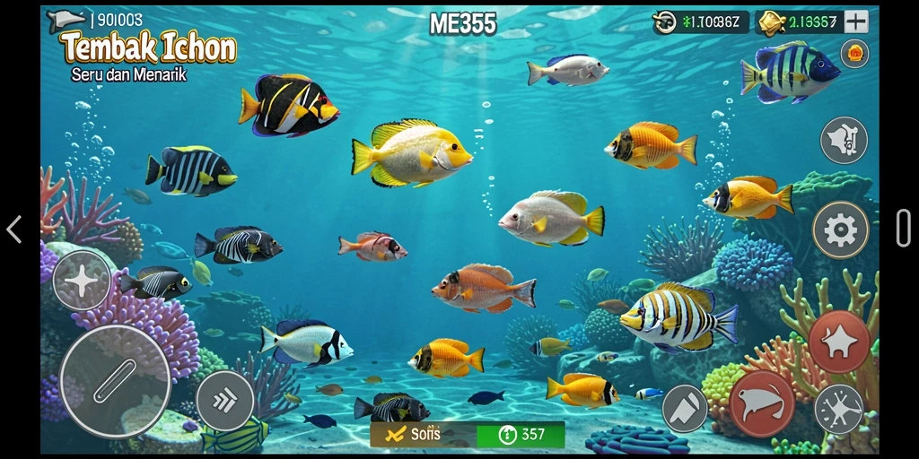 Tangkapan layar gameplay ME355 menampilkan aksi Tembak Ikan yang seru.