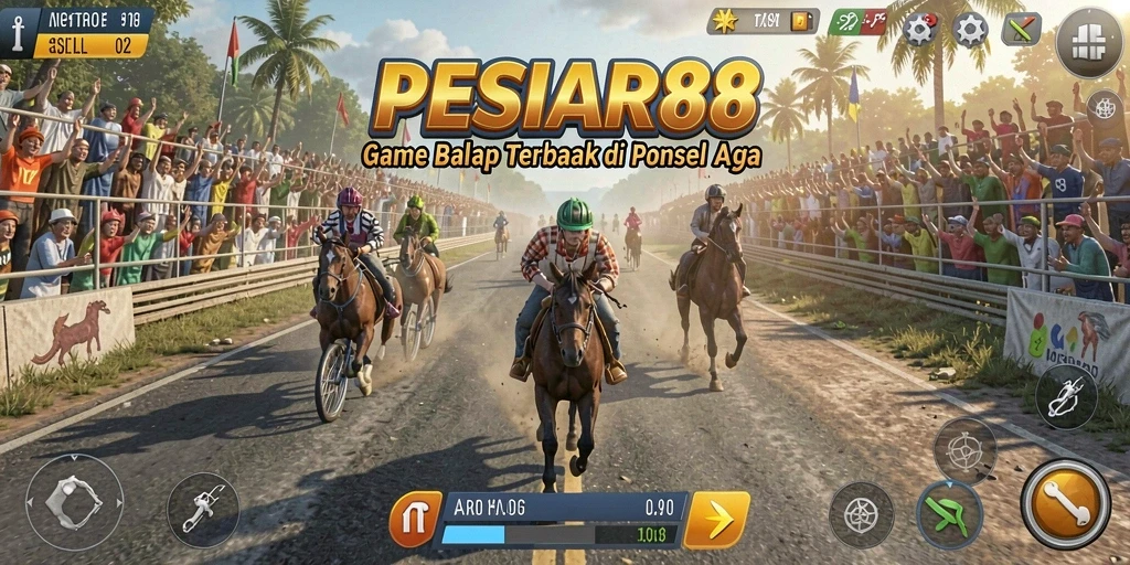 Tampilan gameplay PESIAR88 dengan mobil balap yang cepat di trek yang menarik.