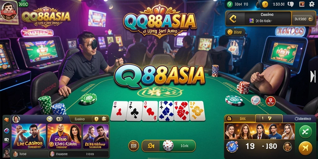 Screenshot gameplay QQ88ASIA yang menampilkan dealer langsung dan suasana kasino yang hidup.