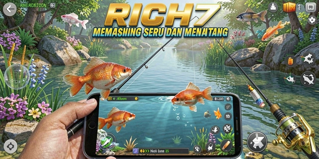 Gameplay RICH7 menampilkan aksi memancing yang seru dan menantang.