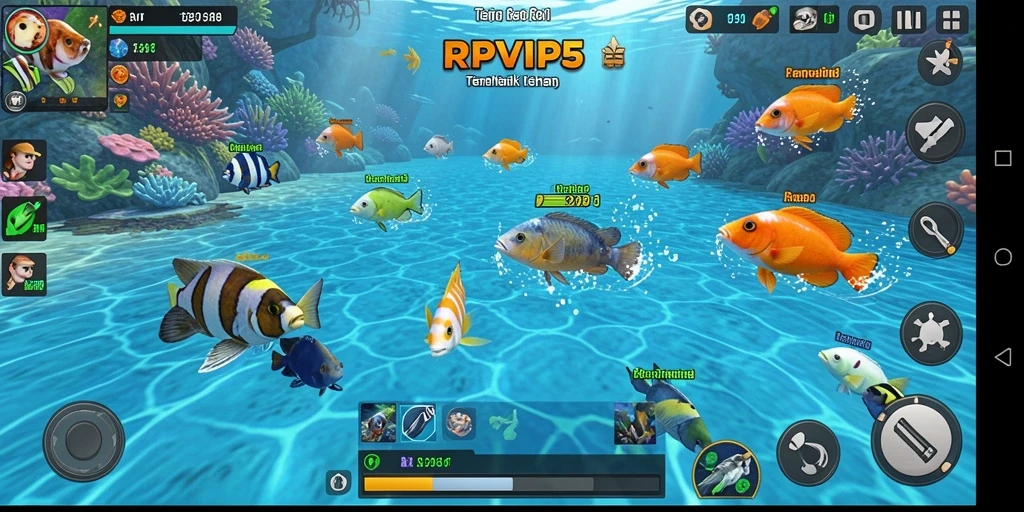 Tampilan gameplay RPVIP5 saat menangkap ikan berwarna-warni.
