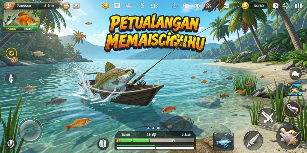 Screenshot S13 menunjukkan pemain menangkap ikan besar di danau.