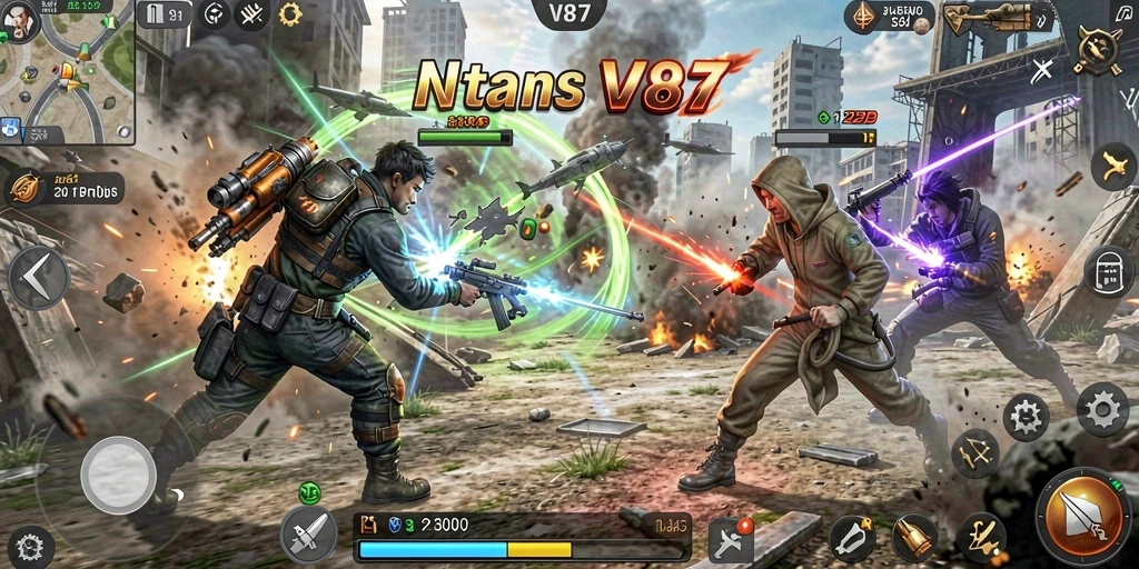 Screenshot V87 menunjukkan pertempuran strategi yang seru dan intens.
